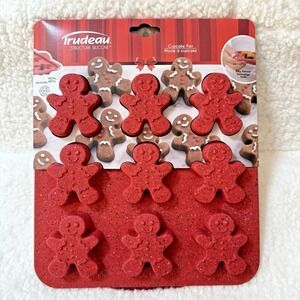 Trudeau Silicone‎ Gingerbread Man Cupcake Pan Red 9 Cavity Christmas Mold NWT